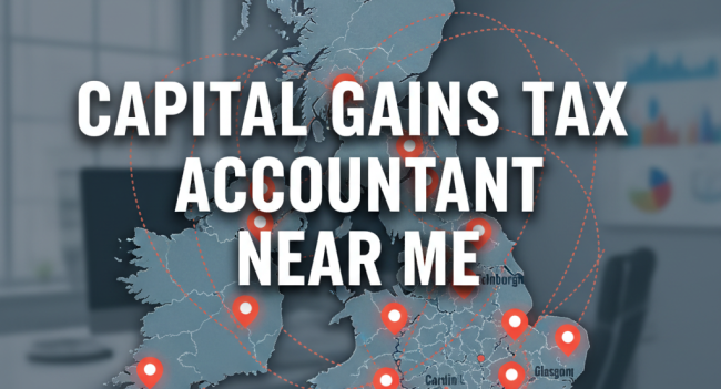Capital gains tax accountant near me - UK map showing local professional tax services with location markers across major cities including London, Manchester, Birmingham, and Glasgow for business owners seeking expert capital gains tax advice