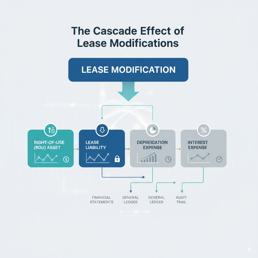 Lease accounting solutions demonstrating the cascade effect of lease modifications on ROU assets, lease liabilities, depreciation, and interest expense, highlighting comprehensive accounting solutions.