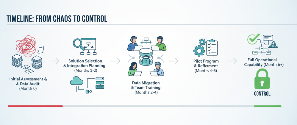 Timeline infographic depicting the journey from chaotic manual lease accounting to controlled automated processes, detailing stages like initial assessment, solution selection, data migration, pilot programs, and full operational capability with modern accounting solutions.