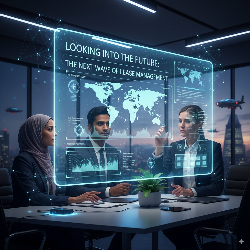 Three professionals in a modern office looking at a holographic display titled 'Looking into the Future: The Next Wave of Lease Management,' showcasing predictive analytics, global maps, and data visualizations, representing advanced accounting solutions and AI in lease management.