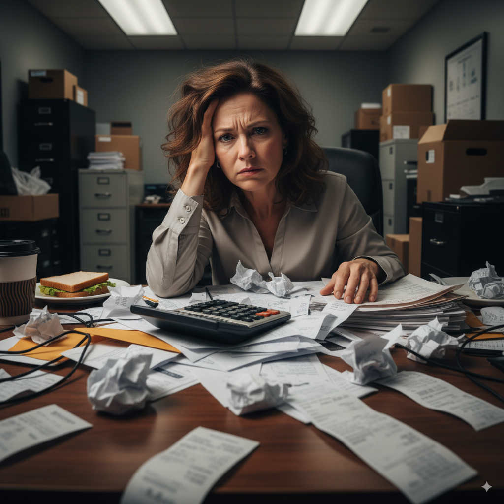 Stressed businesswoman surrounded by receipts and paperwork, highlighting the need for professional tax assistance to reduce stress and improve business growth in 2025.