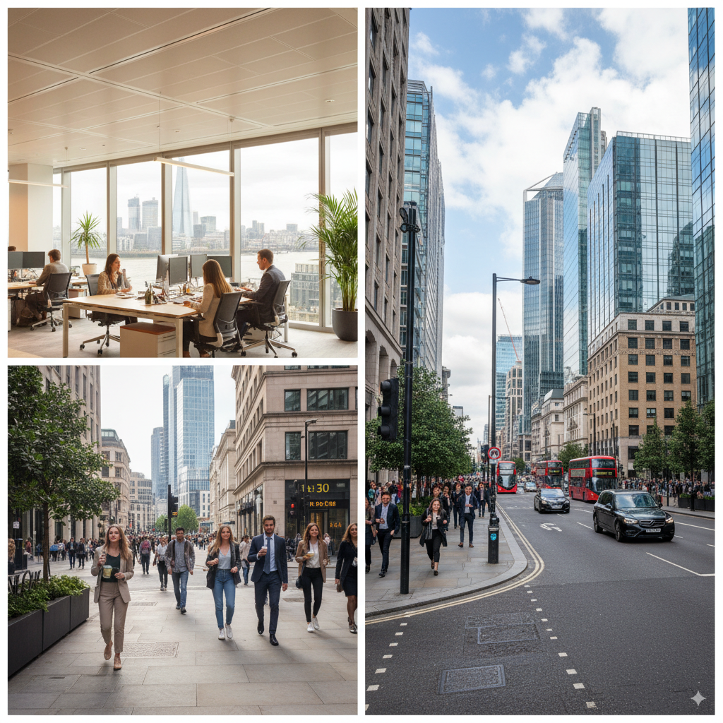 London business district with professionals commuting and office workers collaborating, highlighting the importance of local tax assistance for companies in 2025