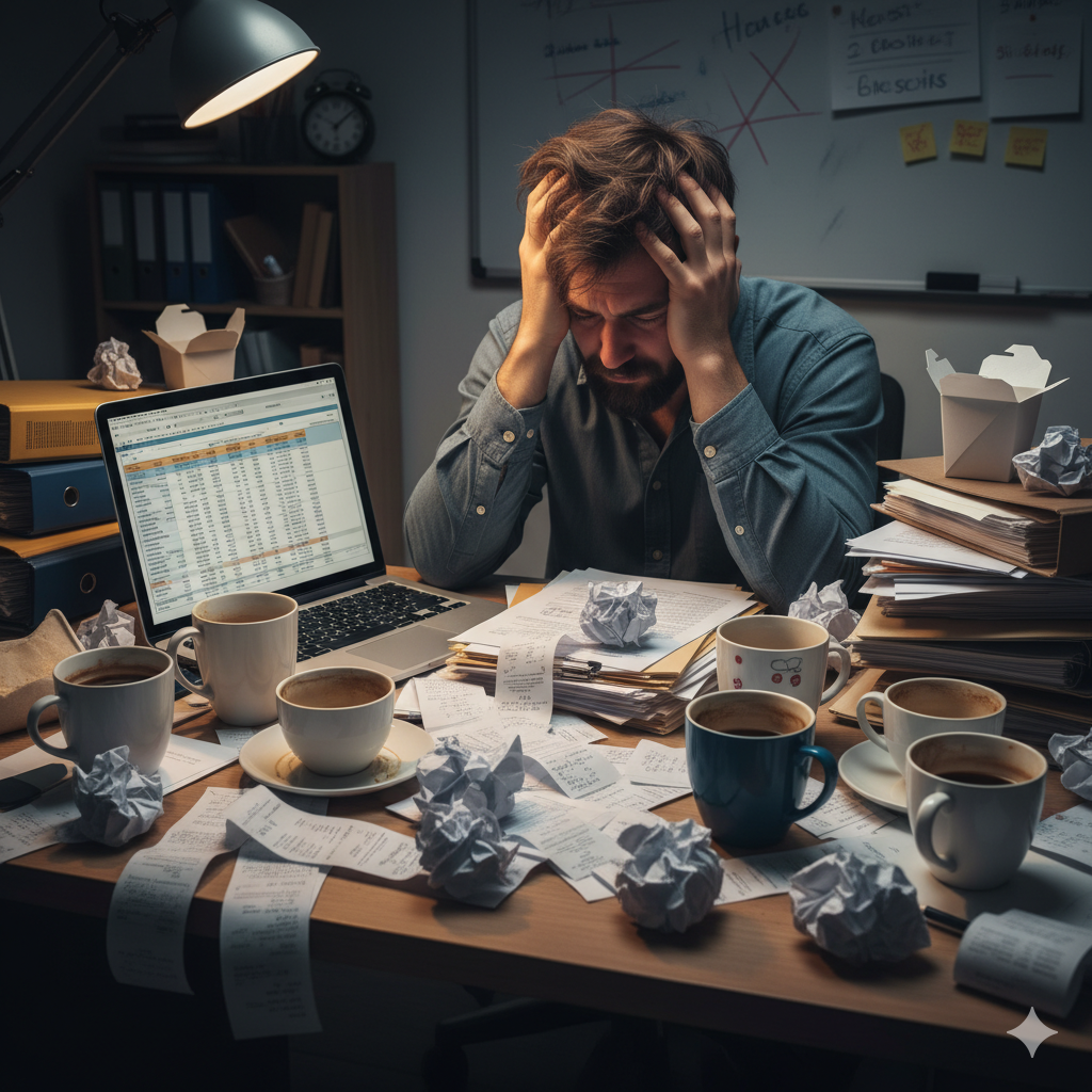 Financial chaos in startup accounting - disorganized receipts and paperwork causing stress