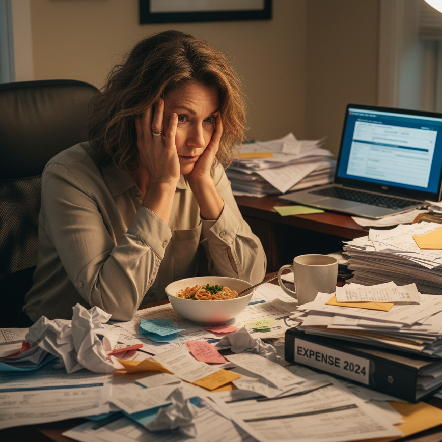 Stressed business owner overwhelmed with tax paperwork and financial documents needing licensed certified public accountant hel