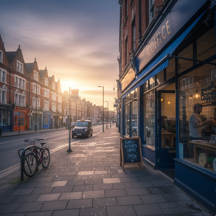 London high street at sunrise with local businesses opening showing where licensed certified public accountants serve small business clients