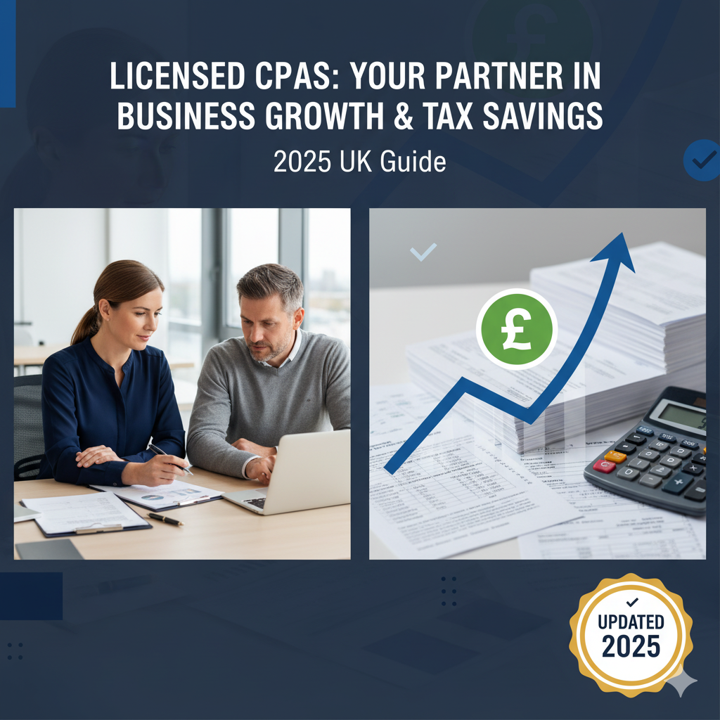Licensed certified public accountant consulting with business owner on tax savings and financial growth strategies with upward trending chart showing UK business revenue increase in 2025