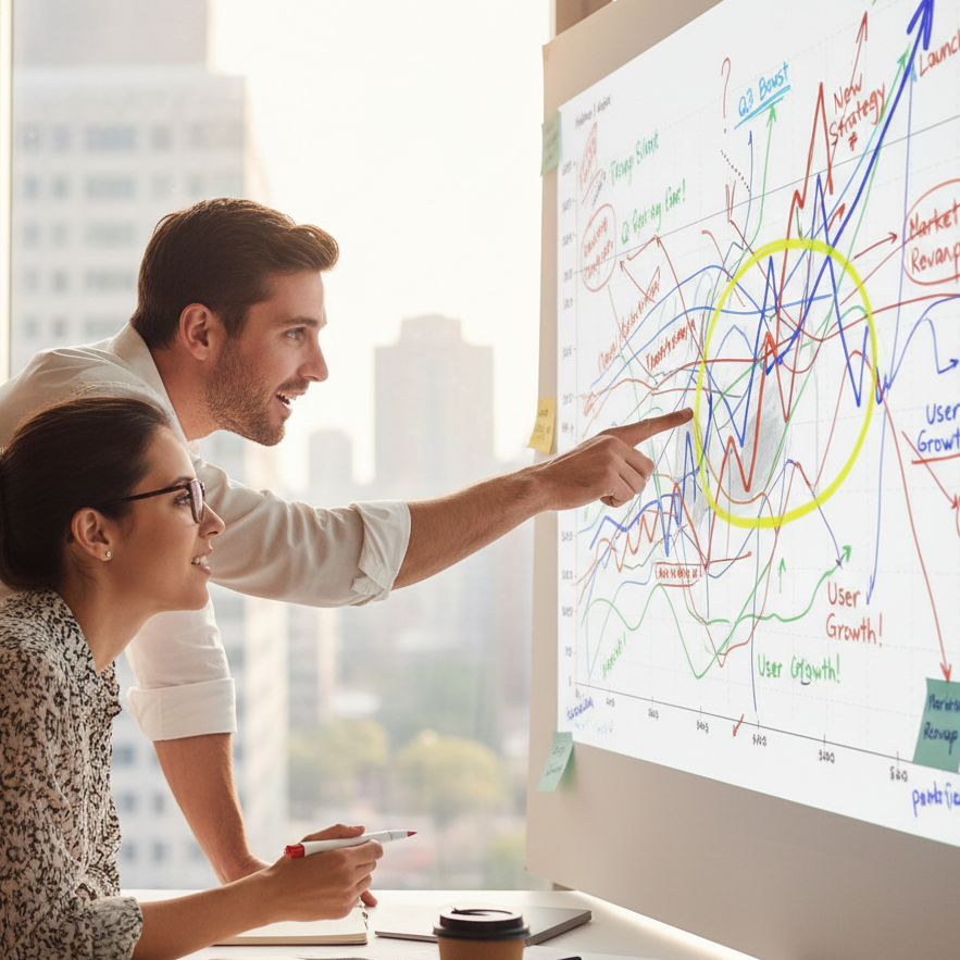 Licensed certified public accountant discussing financial growth strategy and business analytics with colleague during consulting session in modern office