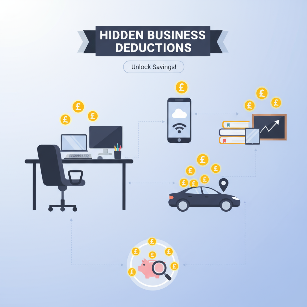 Infographic showing hidden business deductions for self-employed such as home office, phone, car, and training expenses with pound signs, created for accountant for self employed near me