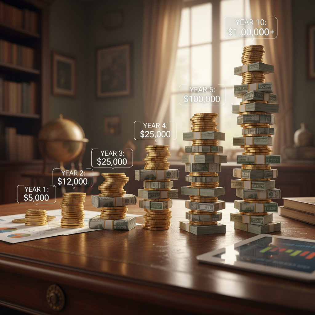 A creative visualization showing stacks of coins or money growing in height year over year, with each stack labeled with cumulative savings amounts, shot from an interesting angle