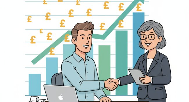 Featured image showing accountant for self employed near me guiding a freelancer at home office, with rising graph and pound signs symbolising tax savings and business growth.