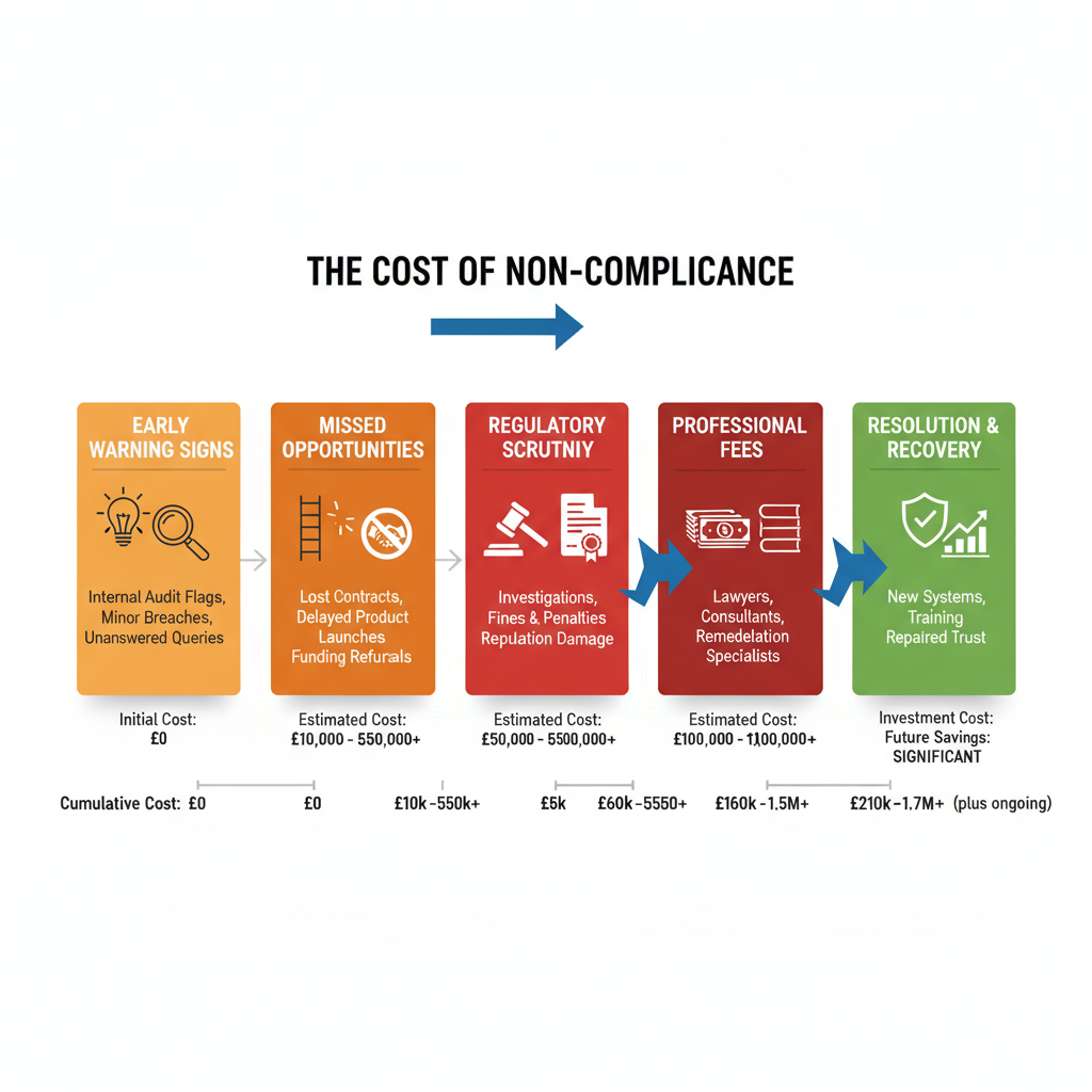 A timeline graphic showing a business's journey from initial non-compliance warning signs through escalating consequences - missed opportunities, regulatory scrutiny, professional fees, and eventuaual resolution, with cost figures at each stage.