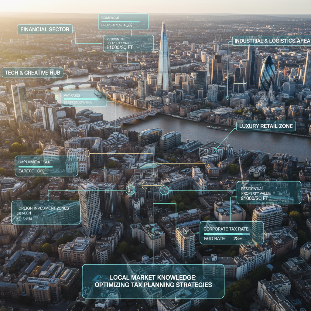 Aerial view of London city skyline with business districts labeled for financial sector, tech hub, logistics, luxury retail, and tax planning insights including VAT rates, corporate tax rate, property values, and investment zones.