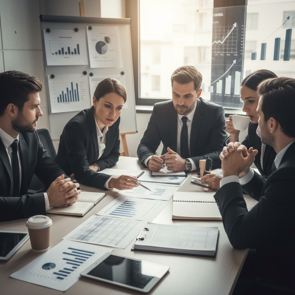 Business professionals in discussion over financial documents, with charts and projections visible, captured in a candid moment of decision-making rather than posed corporate photography