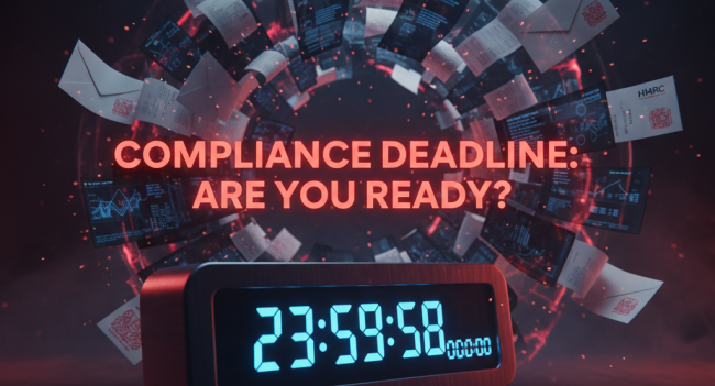 Accounting standard compliance deadline countdown timer with swirling financial documents and HMRC papers for small businesses