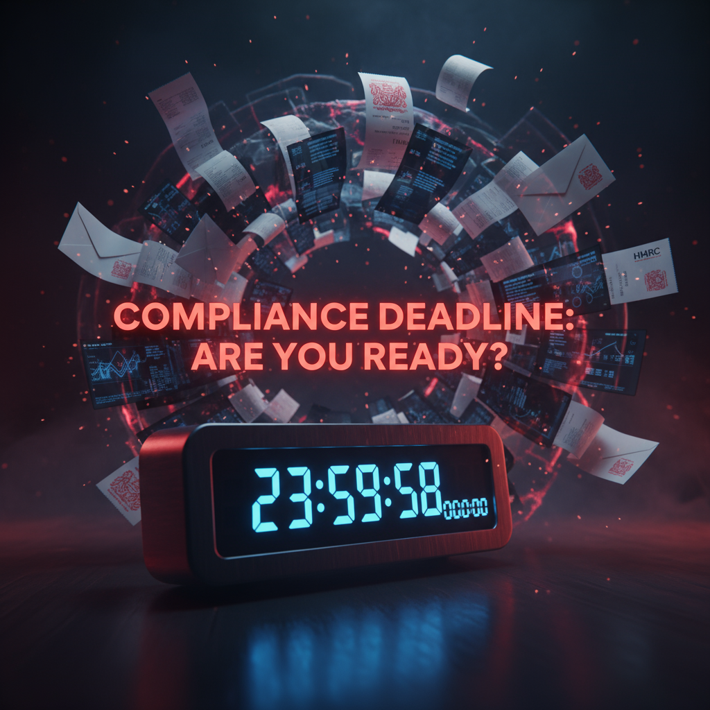 Accounting standard compliance deadline countdown timer with swirling financial documents and HMRC papers for small businesses