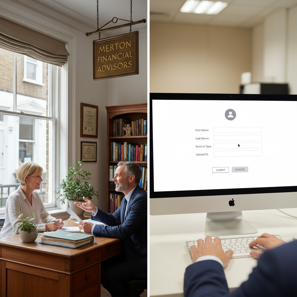 Accountant for self employed near me giving financial advice to a client in London office alongside digital accounting software on computer screen