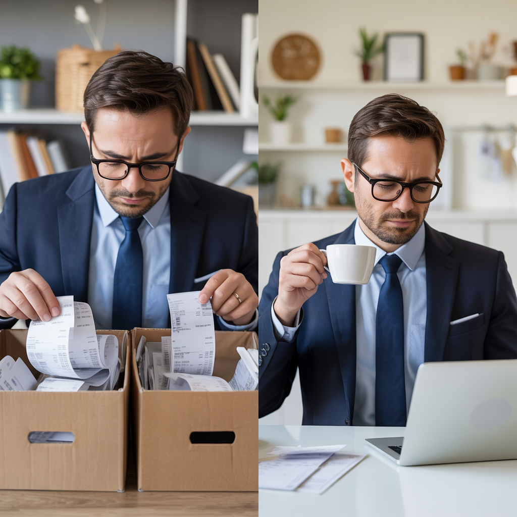 A split-screen comparison showing a business owner's morning routine - on the left, frantically searching through shoeboxes of receipts with a look of panic, and on the right, the same person calmly reviewing on their laptop with their morning coffee.