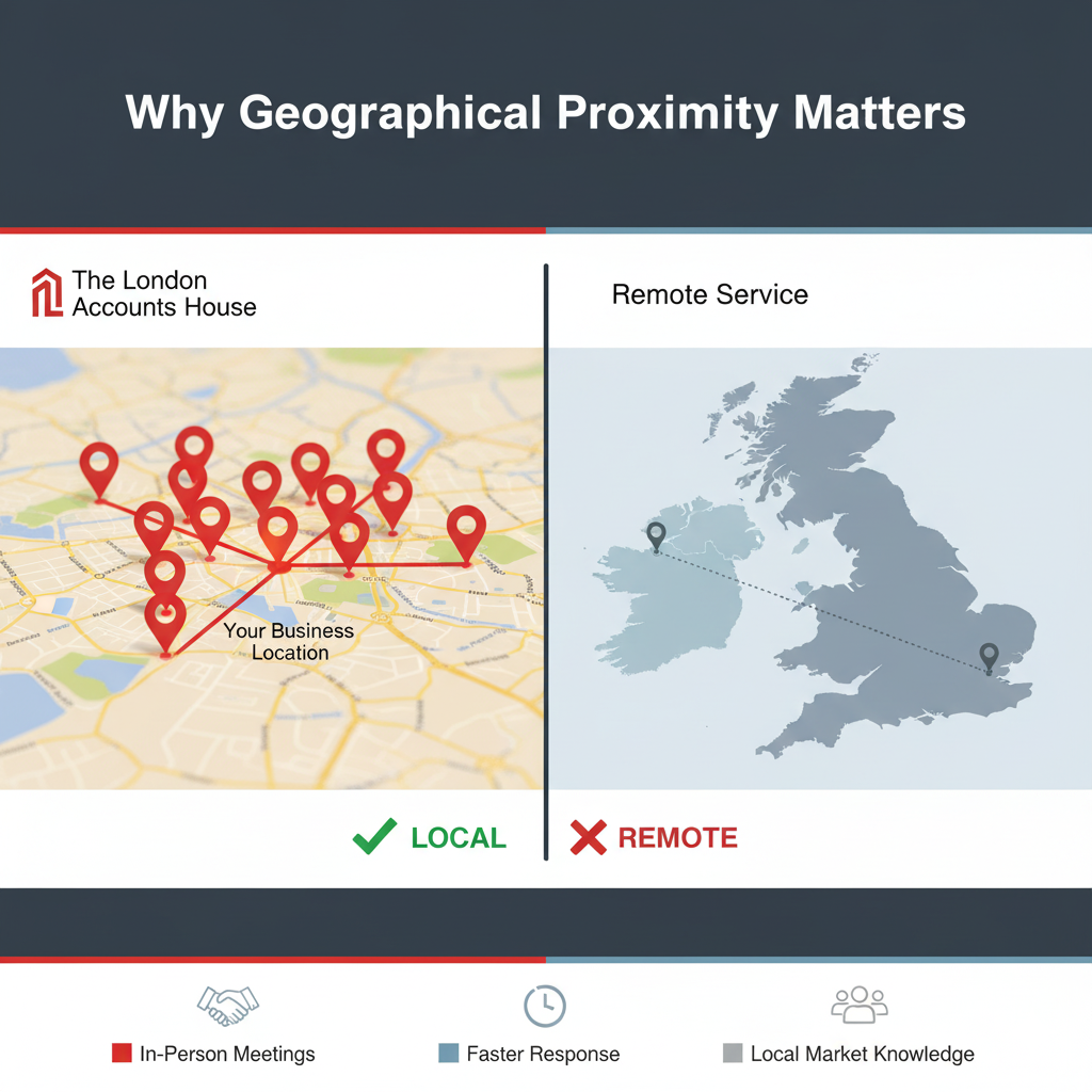 A map visualization (perhaps London/UK map) with location pins or a split-screen showing "remote vs. local" accountant comparison. This reinforces why geographical proximity matters and makes the abstract concept more tangible.