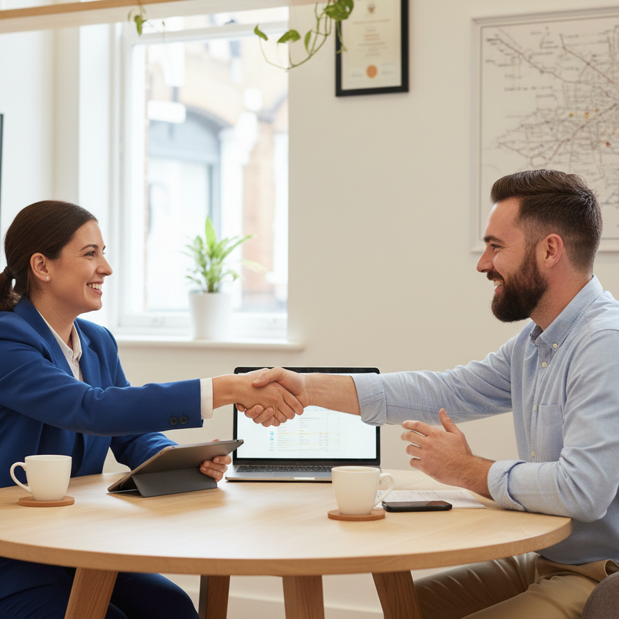 A friendly consultation scene - two people sitting across a desk with laptops/documents, coffee cups, handshake, or note-taking. Should feel approachable and represent the "audition" phase where clients evaluate potential accountants.