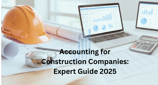 Accounting for construction companies showing blueprints financial reports and accounting tools for builders and contractors