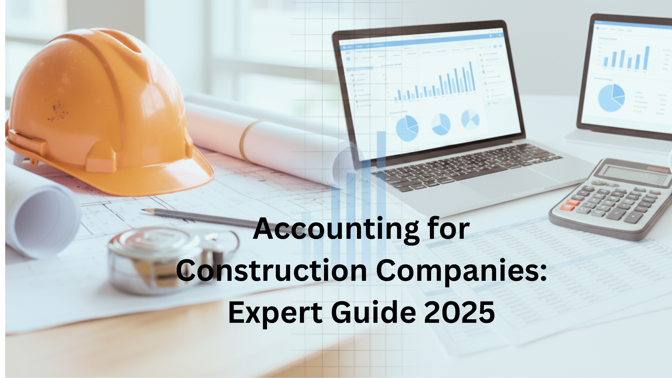 Accounting for construction companies showing blueprints financial reports and accounting tools for builders and contractors