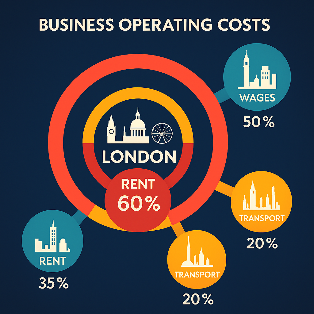 Creative infographic comparing business operating costs in London versus other UK cities, using London landmarks and tube-style circles to illustrate differences in rent, wages, and transport costs.