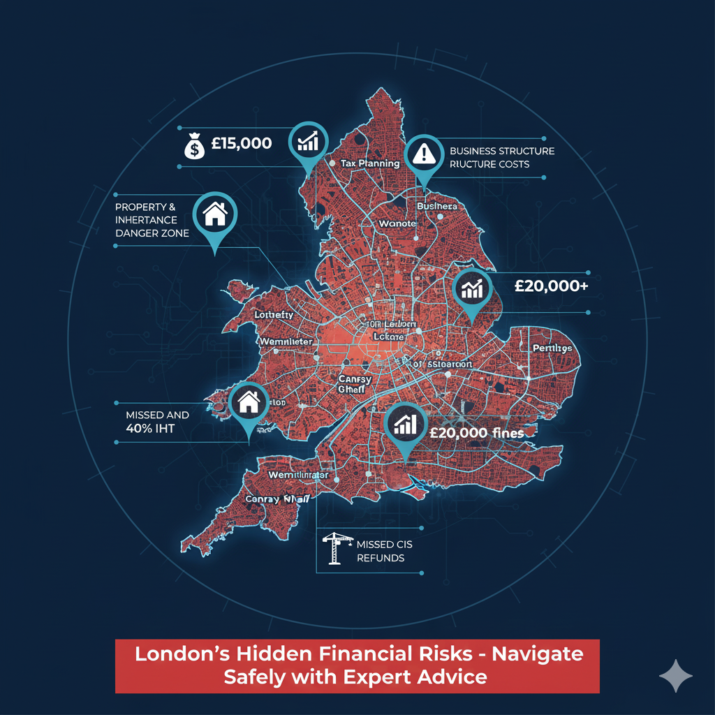London financial risk map showing common money mistakes costing businesses £3,000-£20,000 annually without professional financial advice in London