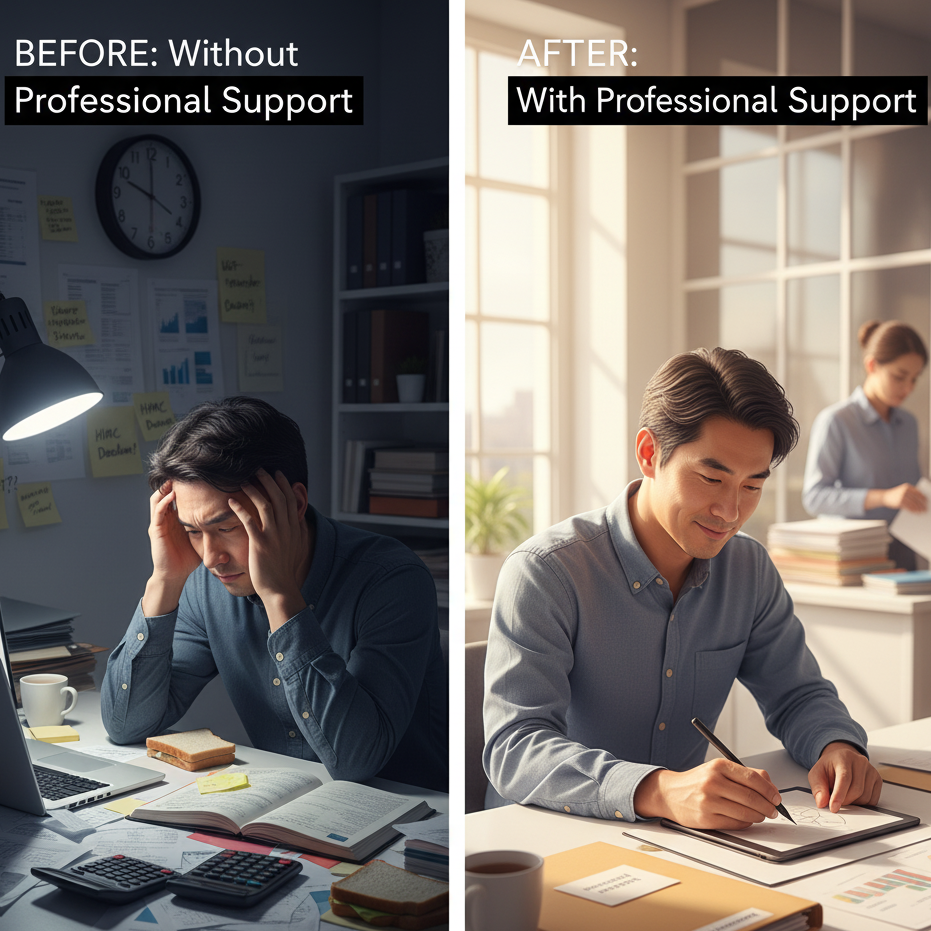 Small business owner overwhelmed by bookkeeping versus organized entrepreneur using professional accounting services and financial advice in London