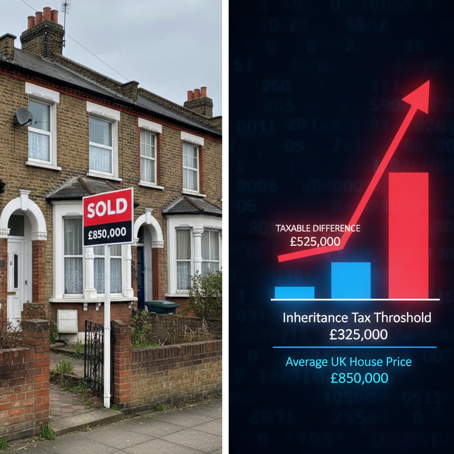 London property sold for £850,000 with inheritance tax threshold chart showing £525,000 taxable difference requiring financial advice in London