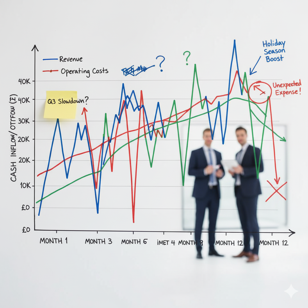 Chartered accountant firm analyzing business financial chart showing revenue, operating costs, and cash flow trends with Q3 slowdown, holiday season boost, and unexpected expenses highlighted