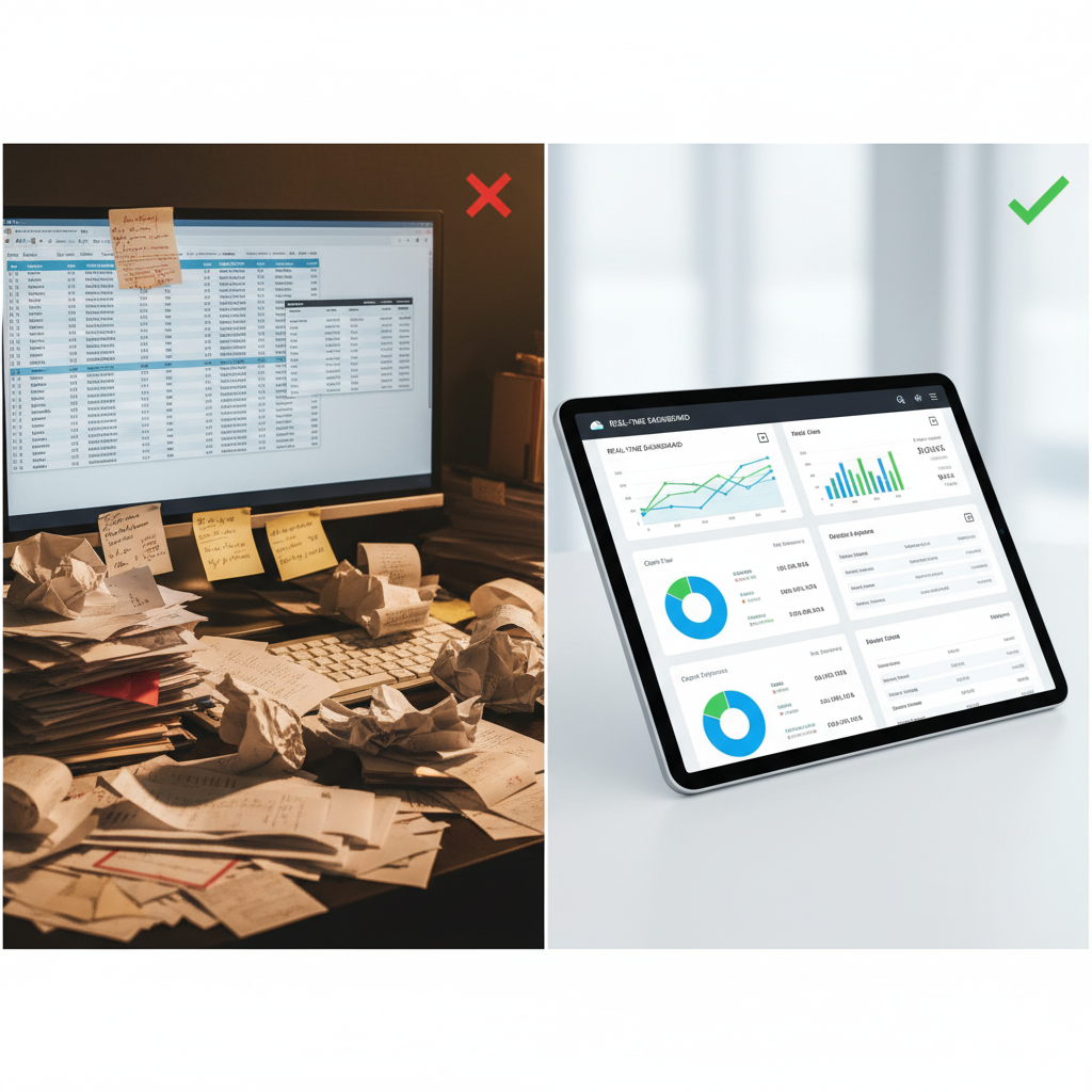 Chartered accountant firm comparing cluttered manual spreadsheets versus organized digital dashboard with real-time financial data and analytics