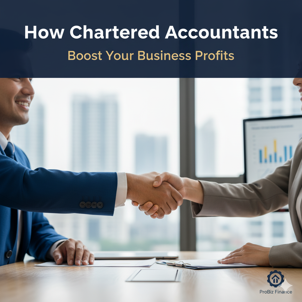 Chartered accountant firm professional handshake with business client discussing profit growth strategies in modern office with financial charts