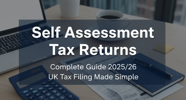 Tax guide cover with 'Self Assessment Tax Returns Complete Guide 2025/26 UK Tax Filing Made Simple' overlaying a modern office desk with calculator, laptop, coffee cup, and tax documents.