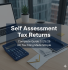 Tax guide cover with 'Self Assessment Tax Returns Complete Guide 2025/26 UK Tax Filing Made Simple' overlaying a modern office desk with calculator, laptop, coffee cup, and tax documents.
