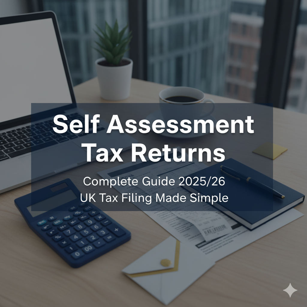 Tax guide cover with 'Self Assessment Tax Returns Complete Guide 2025/26 UK Tax Filing Made Simple' overlaying a modern office desk with calculator, laptop, coffee cup, and tax documents.