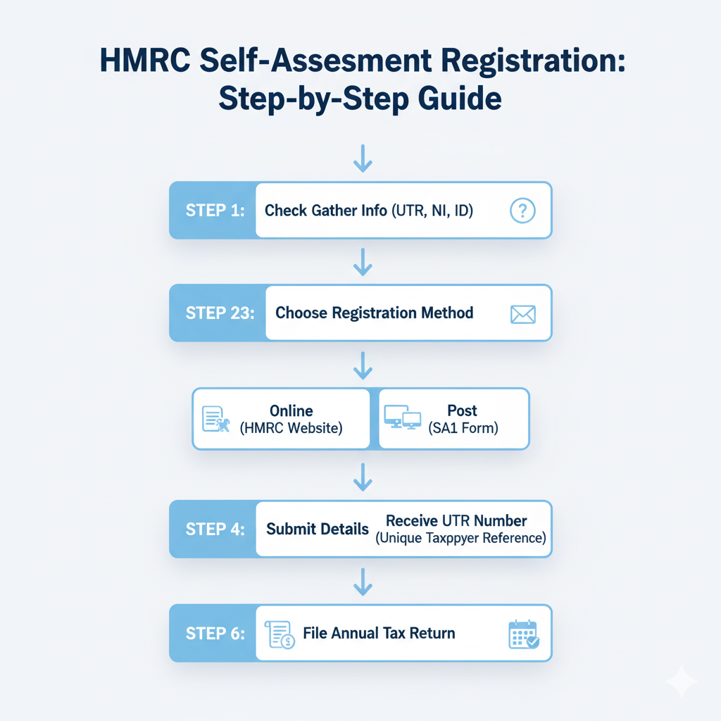 HMRC Self-Assessment registration flowchart showing step-by-step process from gathering information to filing annual tax return, including UTR number application and registration methods