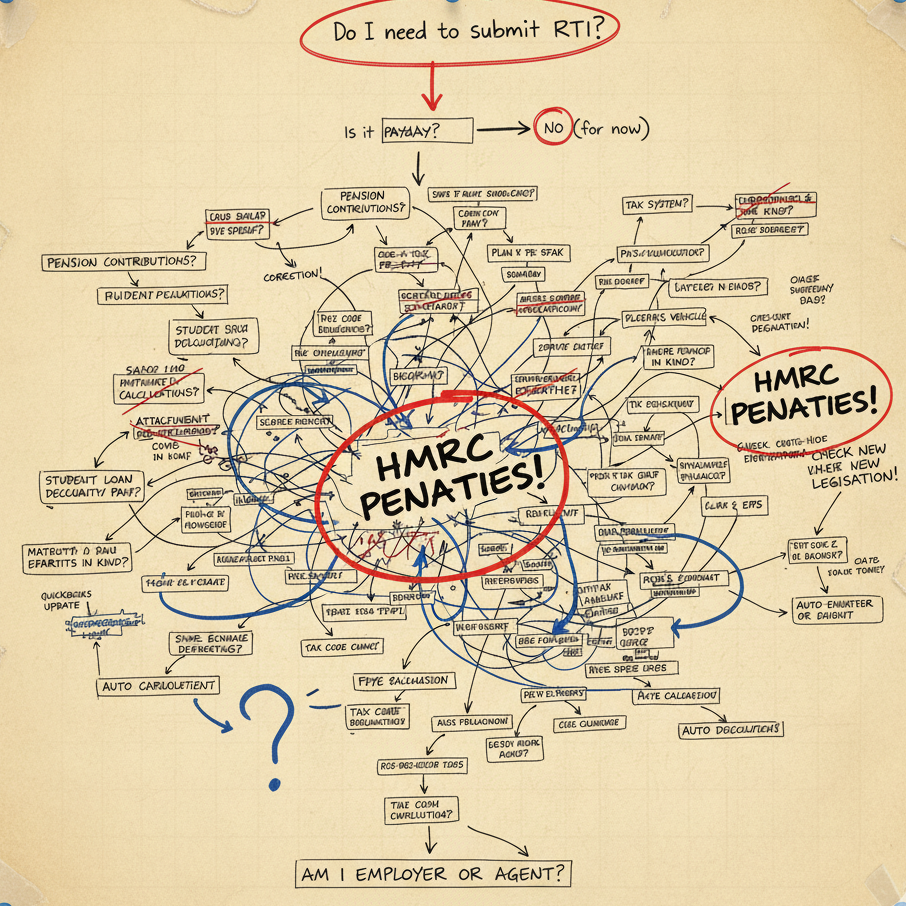 omplex flowchart showing HMRC penalties for accounting payroll business and tax compliance errors including RTI submissions and pension contributions
