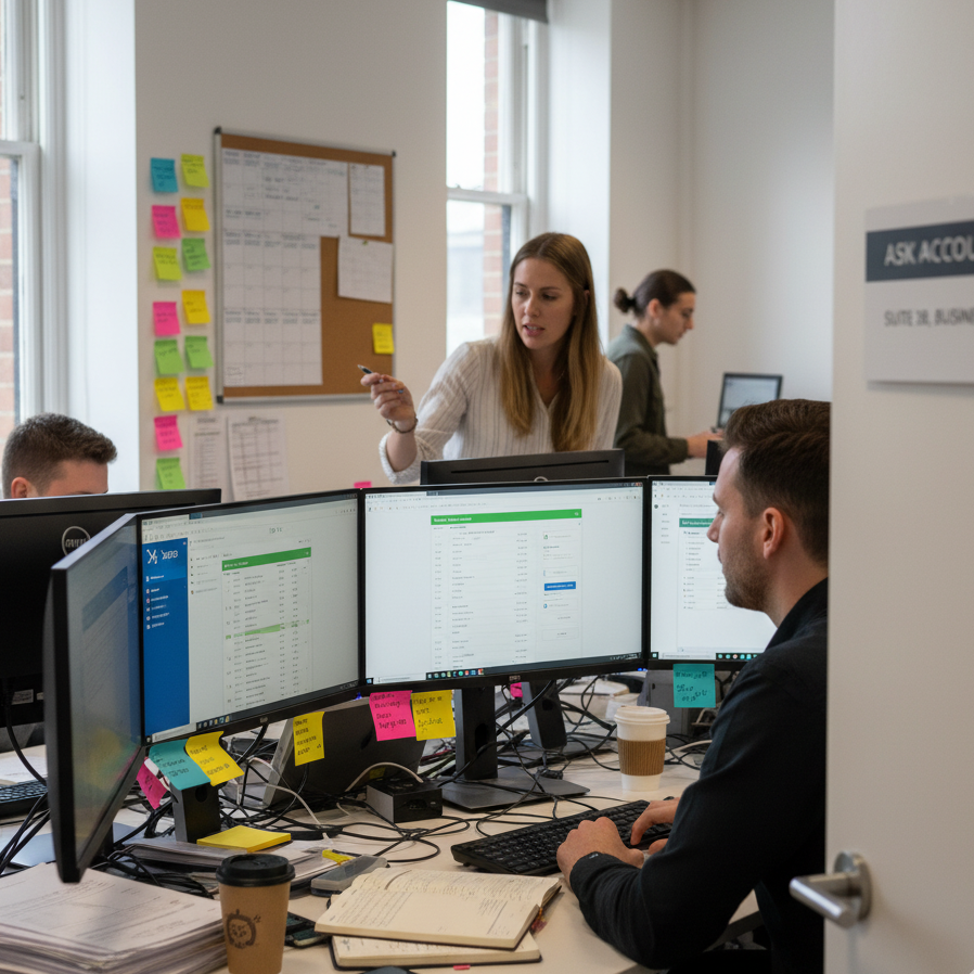Professional accounting team collaborating on payroll and tax management using cloud-based software in modern London office