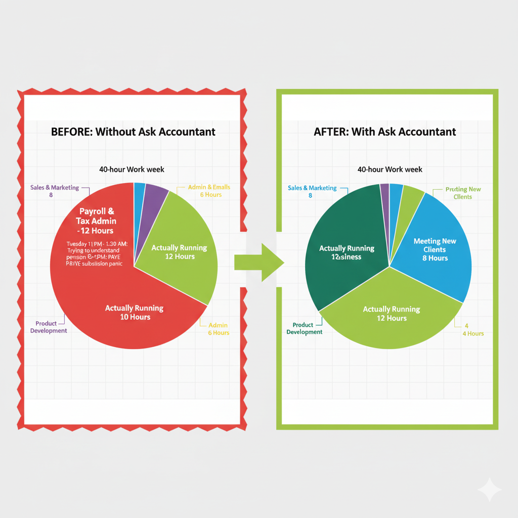 Before and after comparison showing time saved by outsourcing accounting payroll business and tax admin to Ask Accountant professional servicesRetry