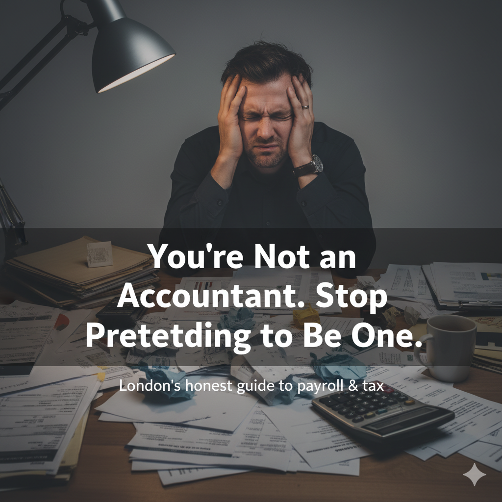 Stressed business owner overwhelmed by accounting payroll business and tax paperwork at late night desk illustrating need for professional helpRetry