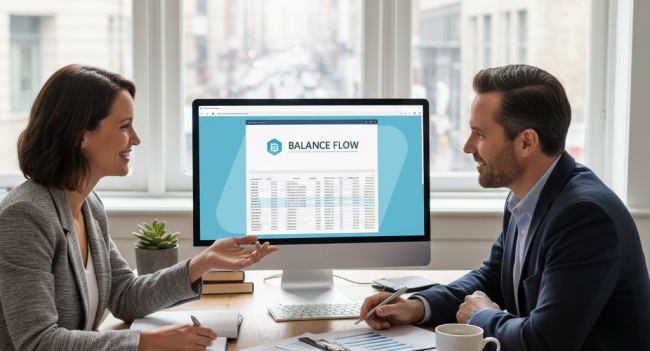 A professional yet approachable image showing a small business owner reviewing financial documents with an accountant, or a modern desk setup with accounting software on screen, calculator, and financial documents. Should convey trust and professionalism while being relatable to small business owners.