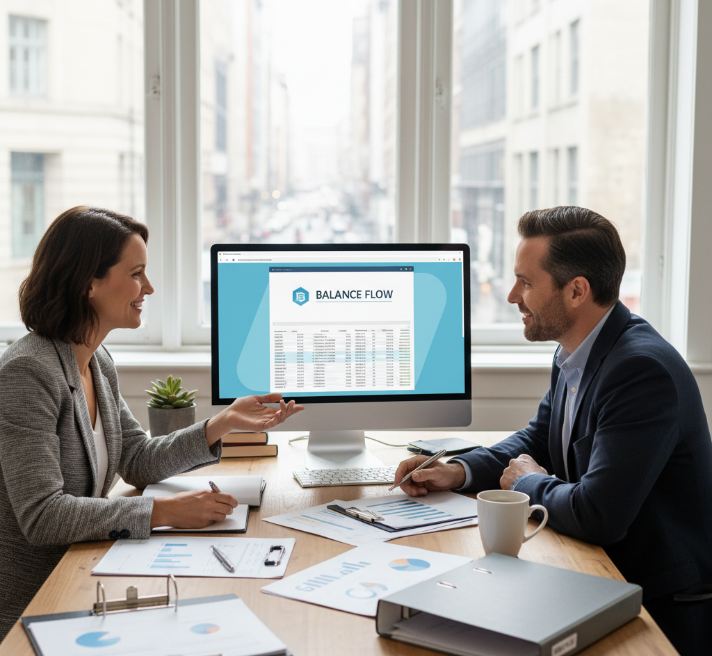A professional yet approachable image showing a small business owner reviewing financial documents with an accountant, or a modern desk setup with accounting software on screen, calculator, and financial documents. Should convey trust and professionalism while being relatable to small business owners.