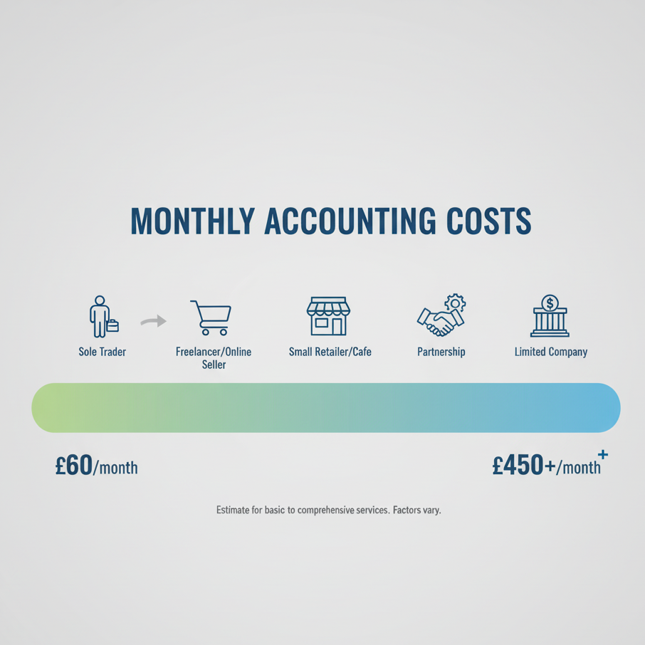 An infographic or visual representation showing the £60-£450 monthly cost range with icons representing different business types (sole trader to limited company). This helps readers visualize the spectrum quickly.
