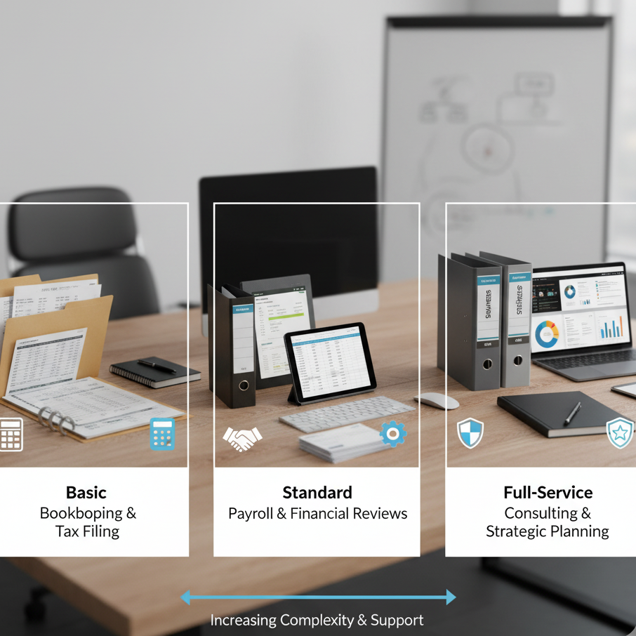 A tiered service comparison visual or a desk scene showing different levels of service documentation - from basic to full-service. This section is heavy with information, so a visual break helps readability.