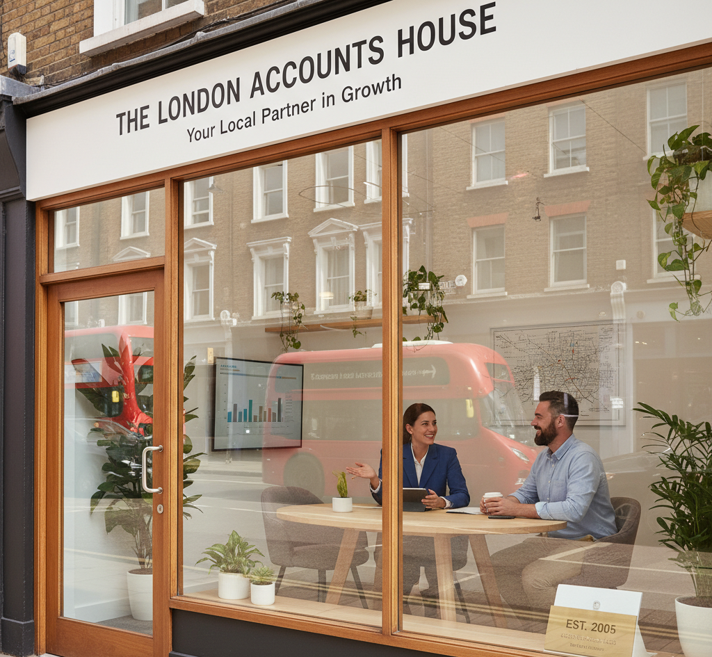 A welcoming image of a local accountant's office storefront or a professional meeting between an accountant and small business owner in a bright, modern office setting. Should convey approachability, trust, and local presence - perhaps showing a recognizable London street scene or local business district to emphasize the "near me" aspect.