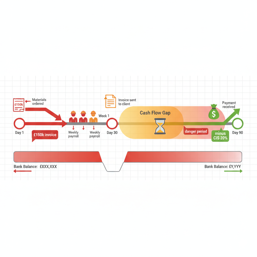Cash flow timeline for construction company accounting showing payment delays CIS deductions and working capital challenges for builders