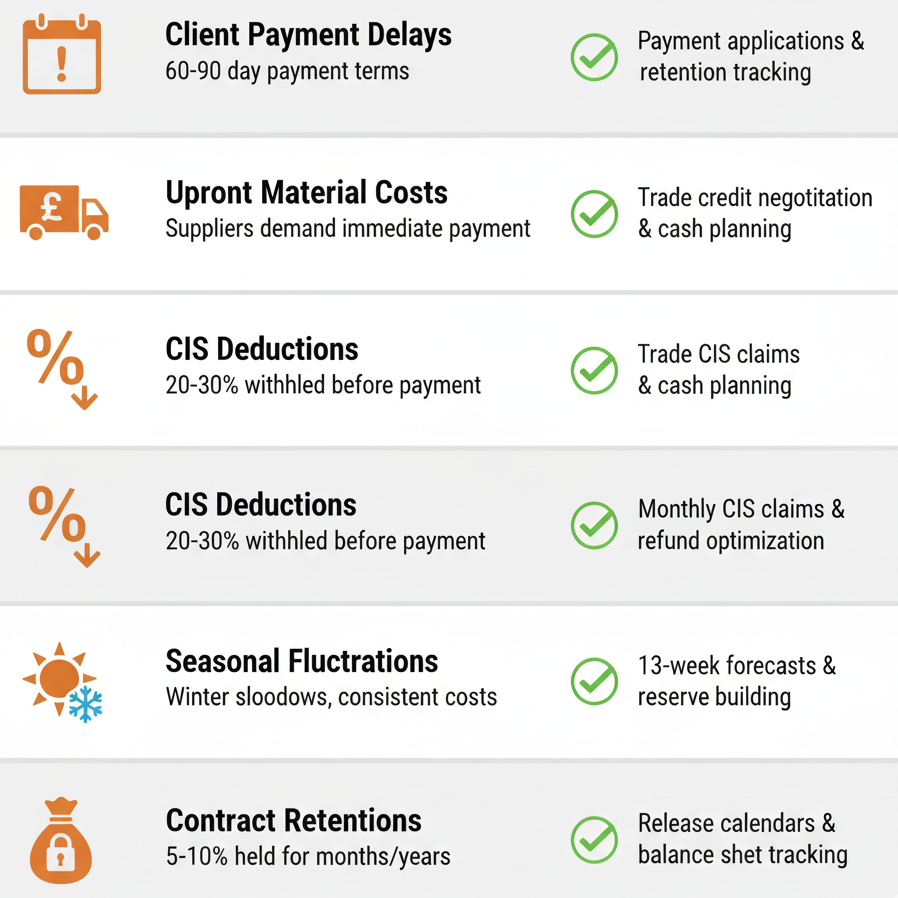 Five cash flow challenges in construction company accounting and how accountants help manage payment delays CIS deductions and retention money