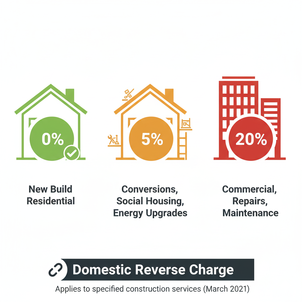 VAT rates for construction companies showing 0% 5% and 20% rates for residential commercial and renovation projects in UK construction accounting