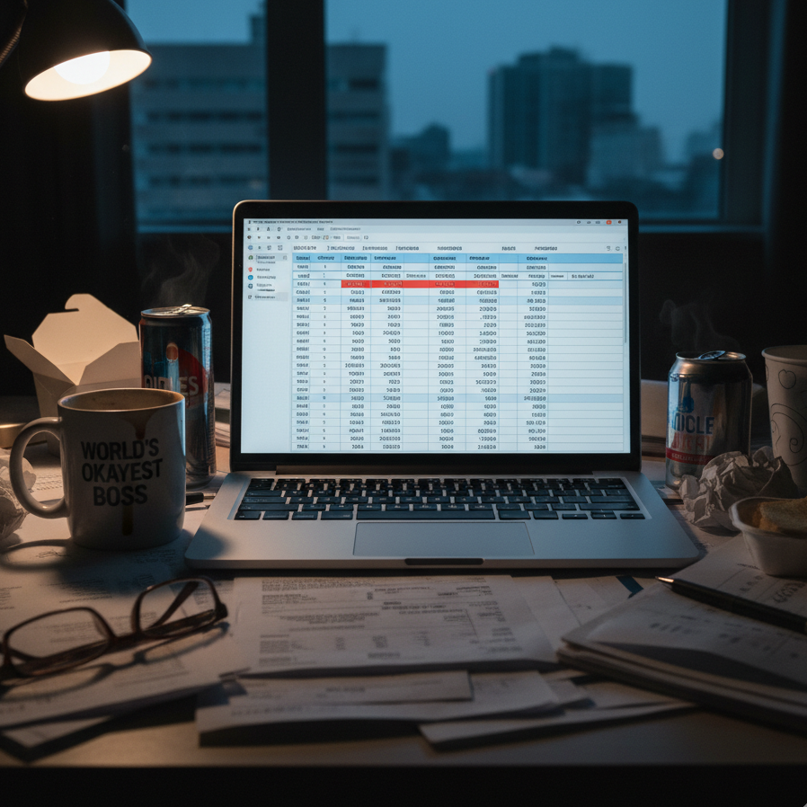 Laptop displaying a financial spreadsheet on a cluttered office desk at night, symbolizing small business financial planning in London.
