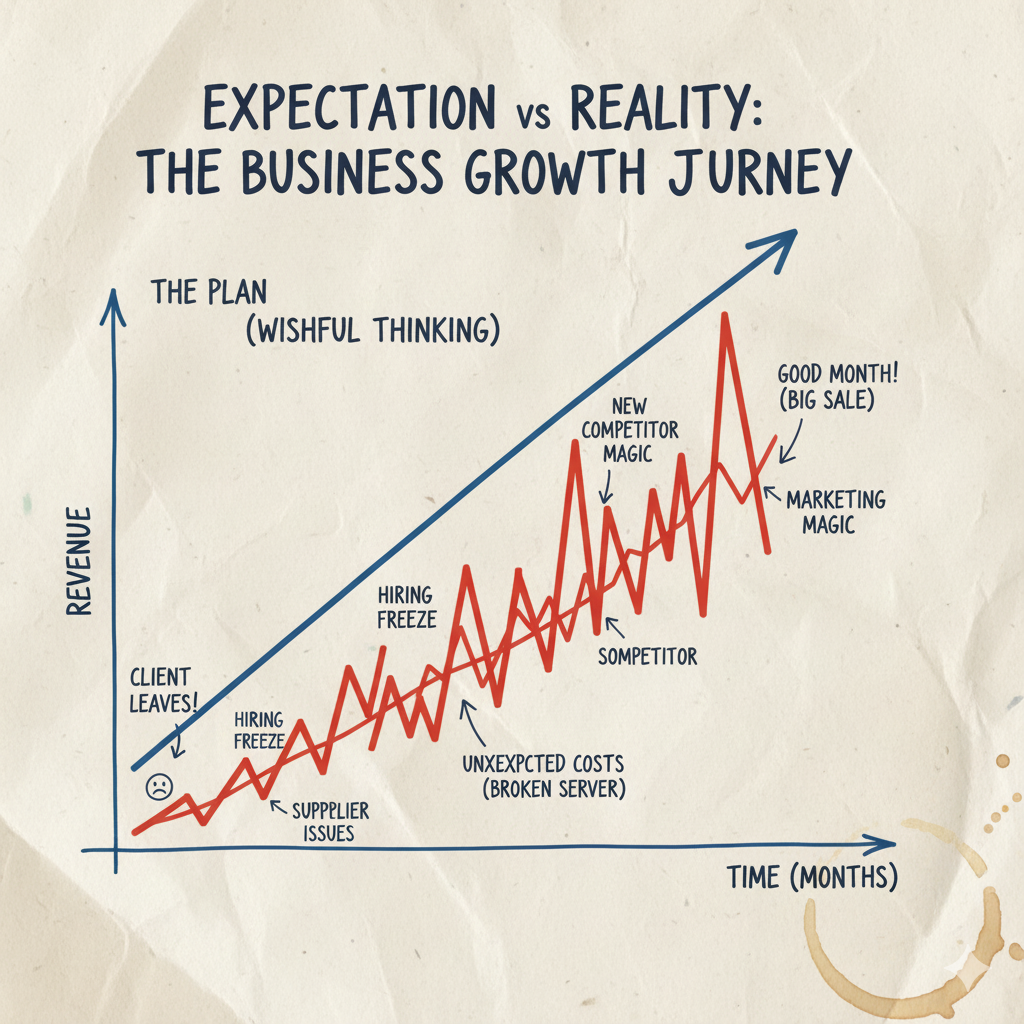 A hand-drawn style graph showing the difference between planned smooth growth (a neat upward line) versus reality (a chaotic zigzag that generally trends upward). Include annotations for typical business chaos: "client leaves," "unexpected costs," "good month," "wtf happened.